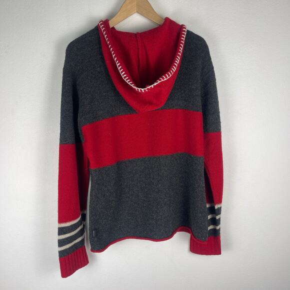 Vintage Obermeyer Wool Red Grey Striped 1/4 Zip Sweater Hoodie Apres Ski W Small - Picture 2 of 13